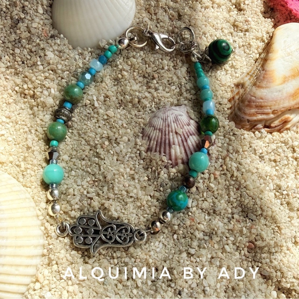 Turquoise And Silver Hamsa Statement Beaded Western Bracelet 46$